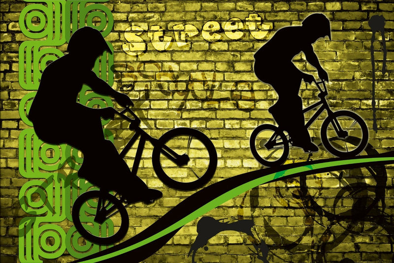 Fototapetes ar graffiti un BMX riteņi zaļā krāsā G-ART