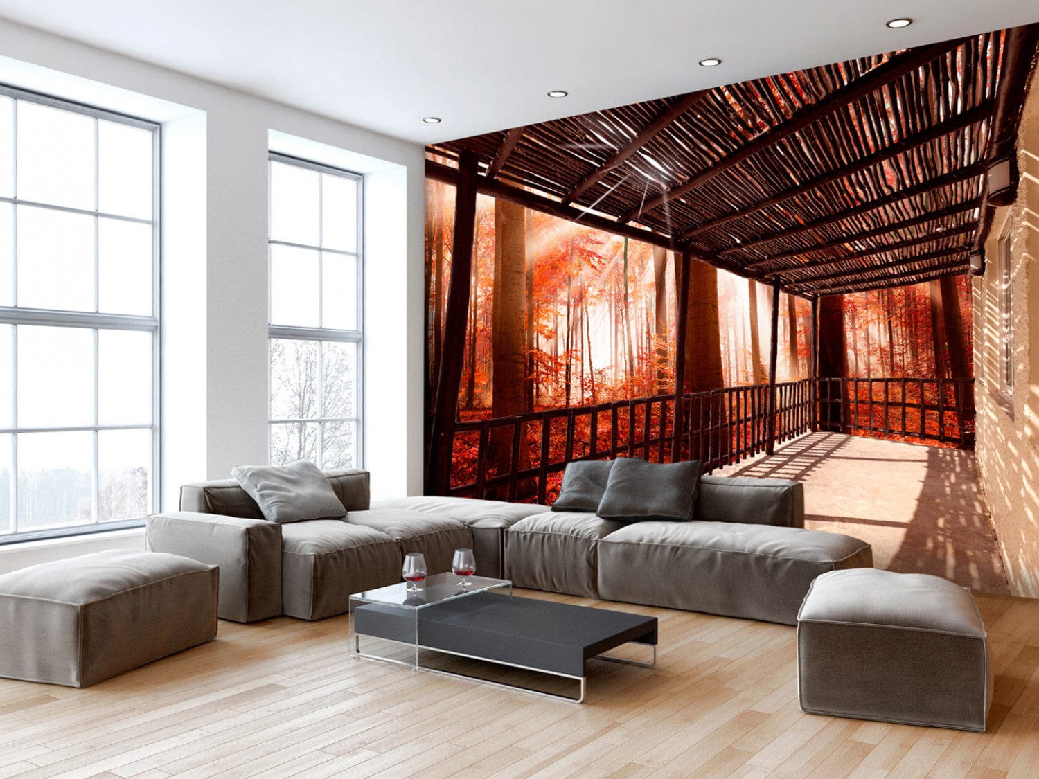 Fototapetes ar terasi un meža skatu ugunīgas nokrāsās - Meža terase G-ART