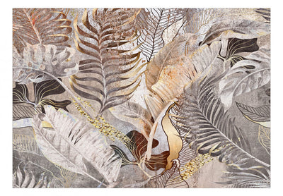 Fototapetes ar tropu lapām brūnā un zeltā krāsā - Krāsu dēja 138595 G-ART