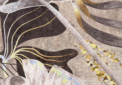 Fototapetes ar tropu lapām brūnā un zeltā krāsā - Krāsu dēja 138595 G-ART