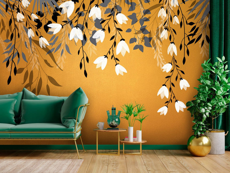 Fototapetes ar zīmētiem ziediem uz oranža fona - Dienas enerģija, 143517 G-ART