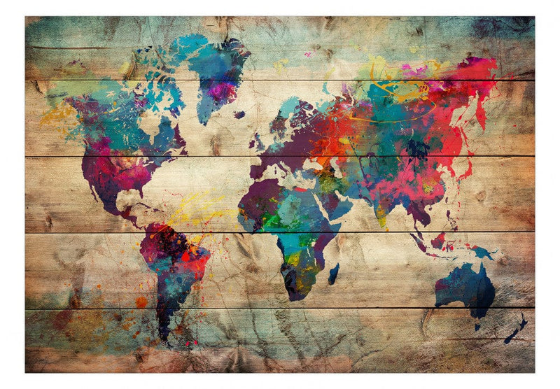 Fototapetes Daudzkrāsaina pasaules karte uz koka G-ART