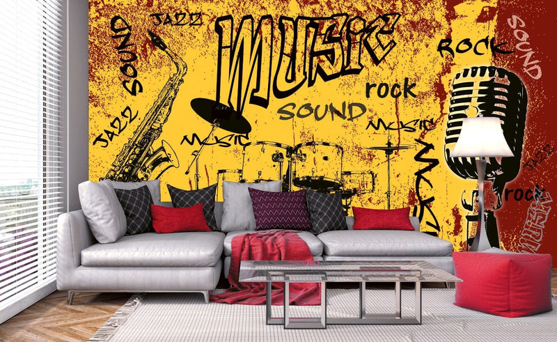 Fototapetes jauniešu istabai ar mūzikas tematiku dzeltenā krāsā G-ART