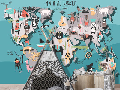 Fototapetes bērnu istabā puikam ar pasaules karti ar dzīvniekiem G-ART