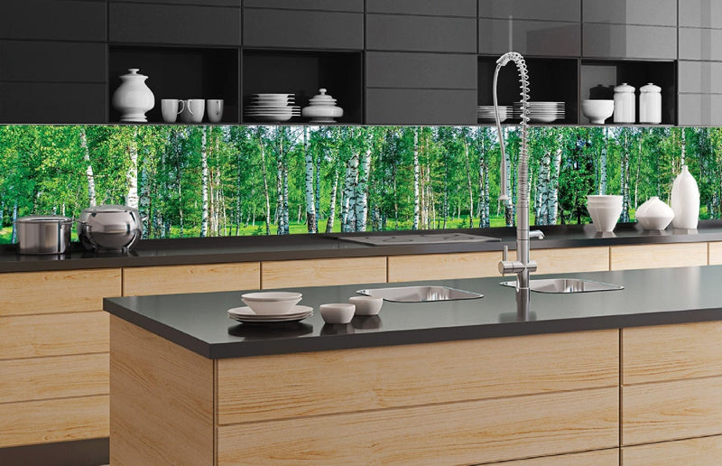 Fototapetes virtuvei ar lamināciju, pašlīmējošas plēve un flizelīns - Bērzu birzs (350x60 cm) Art4home