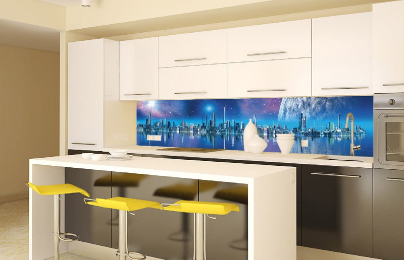 Fototapetes virtuvei ar lamināciju, pašlīmējošas plēve un flizelīns - Futūristiska pilsēta  (260x60 cm) Art4home