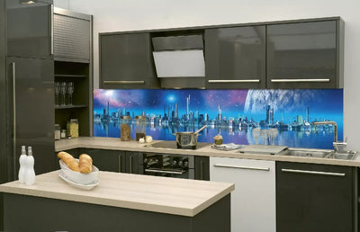 Fototapetes virtuvei ar lamināciju, pašlīmējošas plēve un flizelīns - Futūristiska pilsēta  (260x60 cm) Art4home