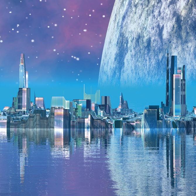 Pašlīmējošas fototapetes virtuvei - Futūristiska pilsēta (260x60 cm) Art4home