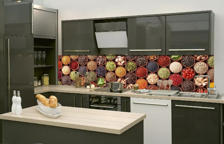 Laminētas pašlīmējošas fototapetes virtuvei - Garšvielu trauki (260x60 cm) Art4home
