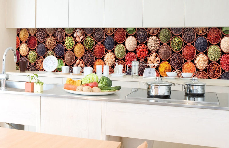 Fototapetes virtuvei ar lamināciju, pašlīmējošas plēve un flizelīns - Garšvielu trauki (350x60 cm) Art4home