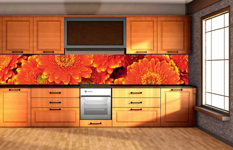Fototapetes virtuvei ar lamināciju, pašlīmējošas plēve un flizelīns - Gerberas (350x60 cm) Art4home