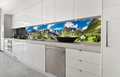 Fototapetes virtuvei ar lamināciju, pašlīmējošas plēve un flizelīns - Kalni (350x60 cm) Art4home