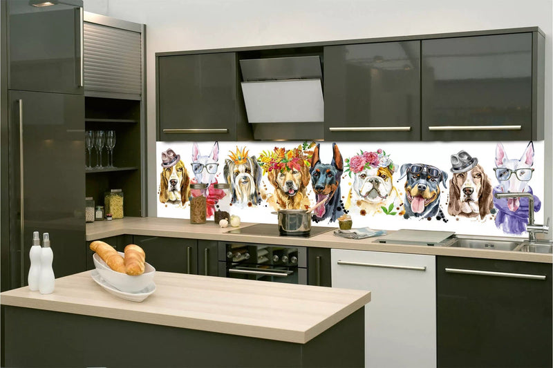 Fototapetes virtuvei ar lamināciju, pašlīmējošas plēve un flizelīns - Laimīgi suņi (260x60 cm) Art4home