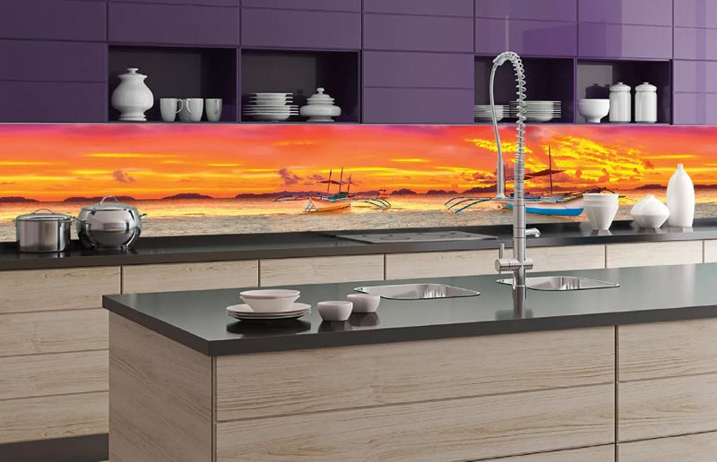 Fototapetes virtuvei ar lamināciju, pašlīmējošas plēve un flizelīns - Laiva (350x60 cm) Art4home