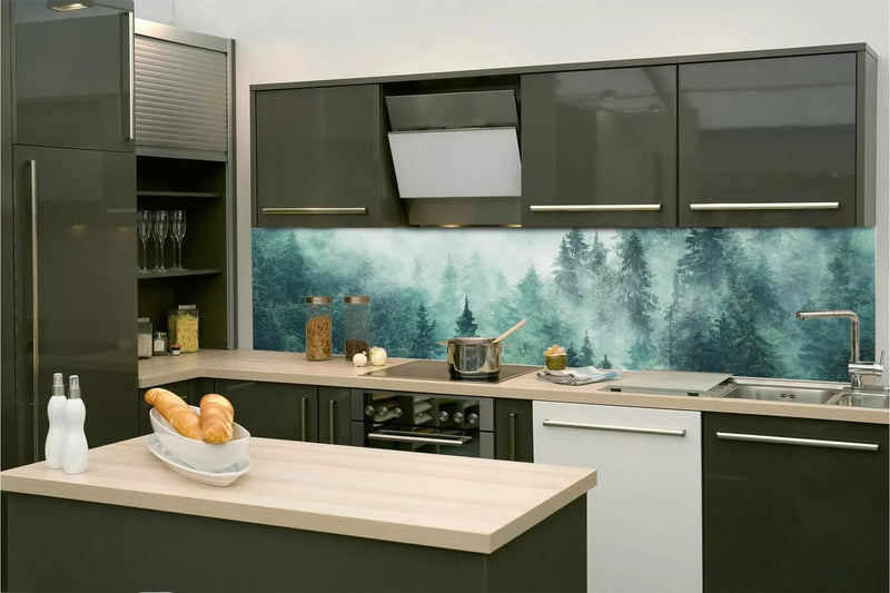 Fototapetes virtuvei ar lamināciju, pašlīmējošas plēve un flizelīns - Migla mežā (260x60 cm) Art4home