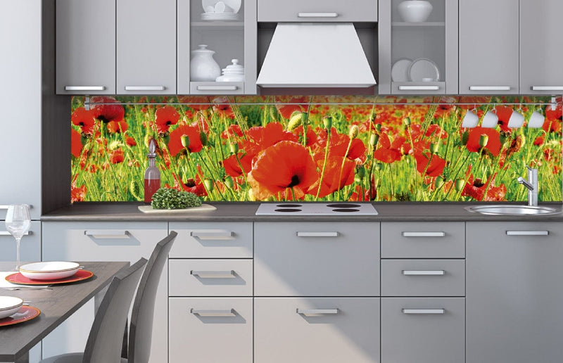 Fototapetes virtuvei ar lamināciju, pašlīmējošas plēve un flizelīns - Sarkanās magones  (260x60 cm) Art4home