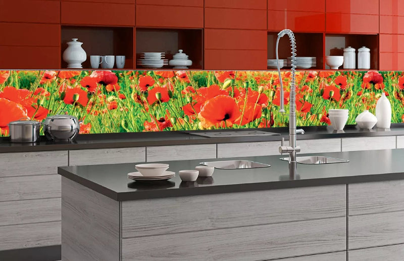 Fototapetes virtuvei ar lamināciju, pašlīmējošas plēve un flizelīns - Sarkanās magones (350x60 cm) Art4home