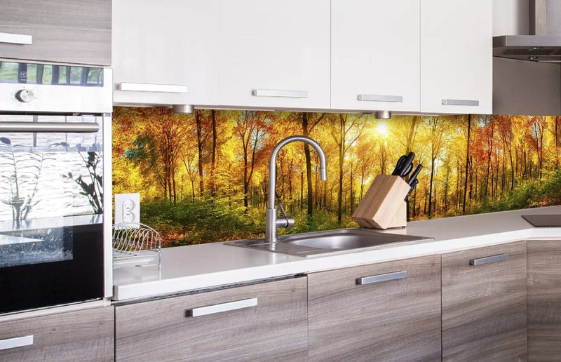 Fototapetes virtuvei ar lamināciju, pašlīmējošas plēve un flizelīns - Saulains mežs II (260x60 cm) Art4home
