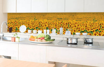 Fototapetes virtuvei ar lamināciju, pašlīmējošas plēve un flizelīns - Saulespuķes (350x60 cm) Art4home