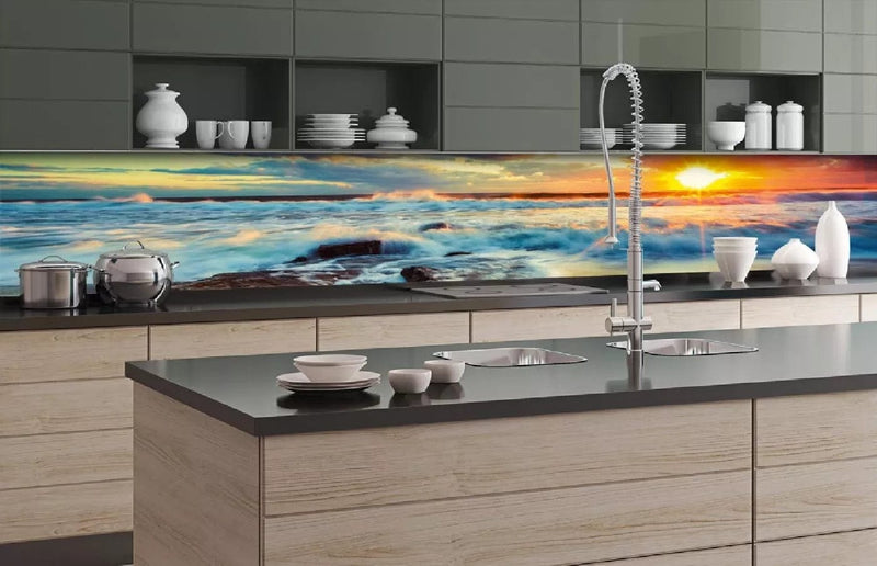 Fototapetes virtuvei ar lamināciju, pašlīmējošas plēve un flizelīns - Saulriets jūrā (350x60 cm) Art4home