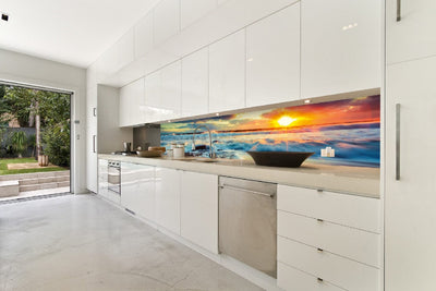 Fototapetes virtuvei ar lamināciju, pašlīmējošas plēve un flizelīns - Saulriets jūrā (350x60 cm) Art4home