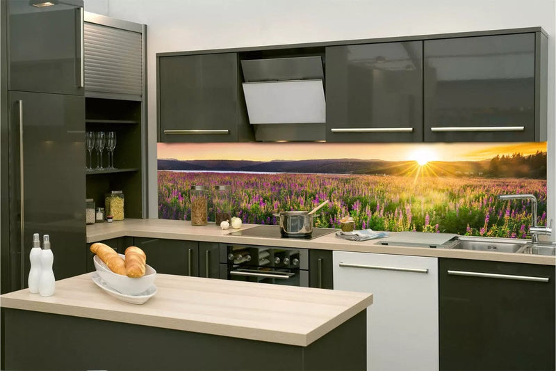 Fototapetes virtuvei ar lamināciju, pašlīmējošas plēve un flizelīns - Saulriets pļavā (260x60 cm) Art4home