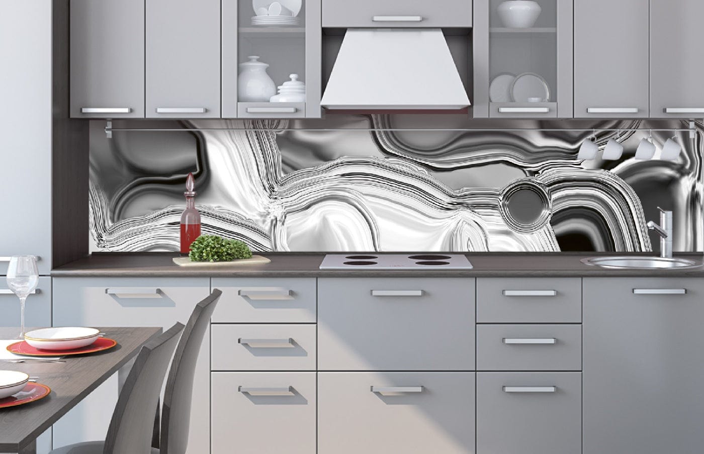 Fototapetes virtuvei ar lamināciju - Šķidrais hroms (Sudraba krāsā)  (260x60 cm) Art4home