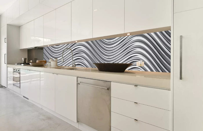 Fototapetes virtuvei ar lamināciju, pašlīmējošas plēve un flizelīns - Sudraba pulsācija (350x60 cm) Art4home