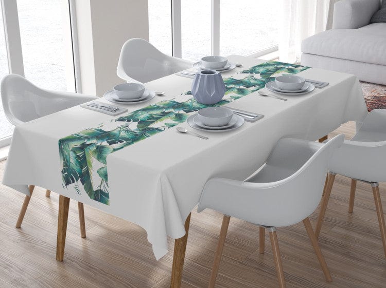 Galda celiņš - Tropiska flora akvareļu stilā uz balta fona G-ART