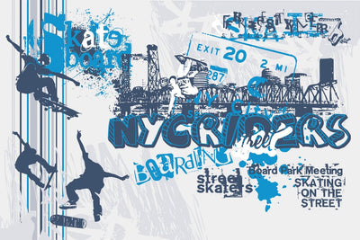 Graffiti fototapetes ar skeitbordu zilā krāsā G-ART