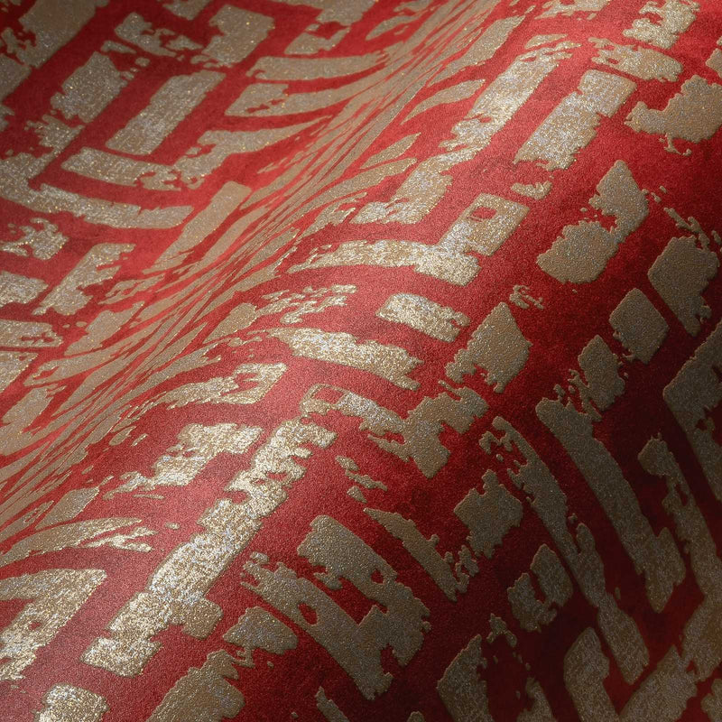 Grafiskas tapetes ar strukturētu virsmu sarkanā un zeltā krāsā, 1363612 AS Creation