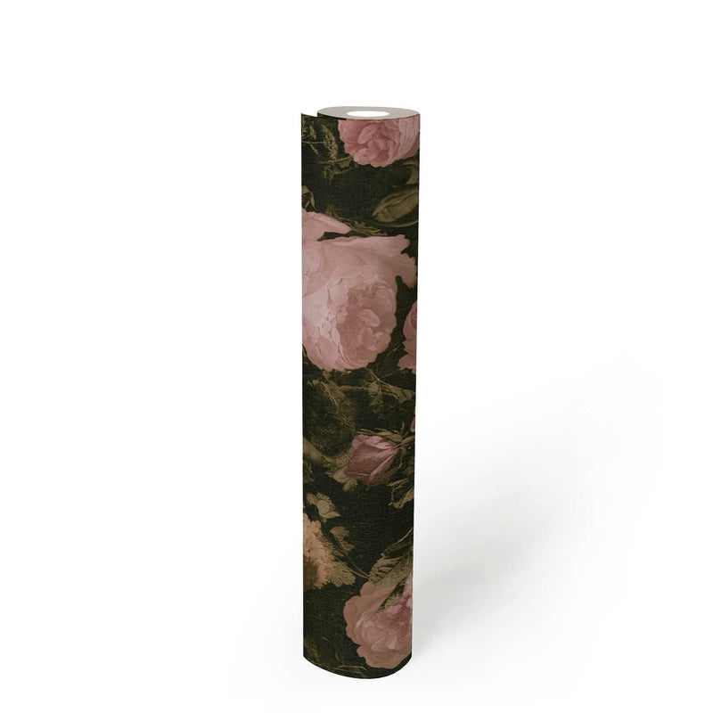 Hipoalergēnas tapetes, krūmu rozes vintāžā stilā, zaļa, roza 376501 Tapetenshop.lv
