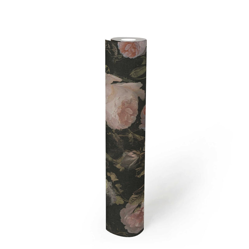 Hipoalergēnas tapetes, krūmu rozes vintāžā stilā, zaļa, rozā 376505 Tapetenshop.lv