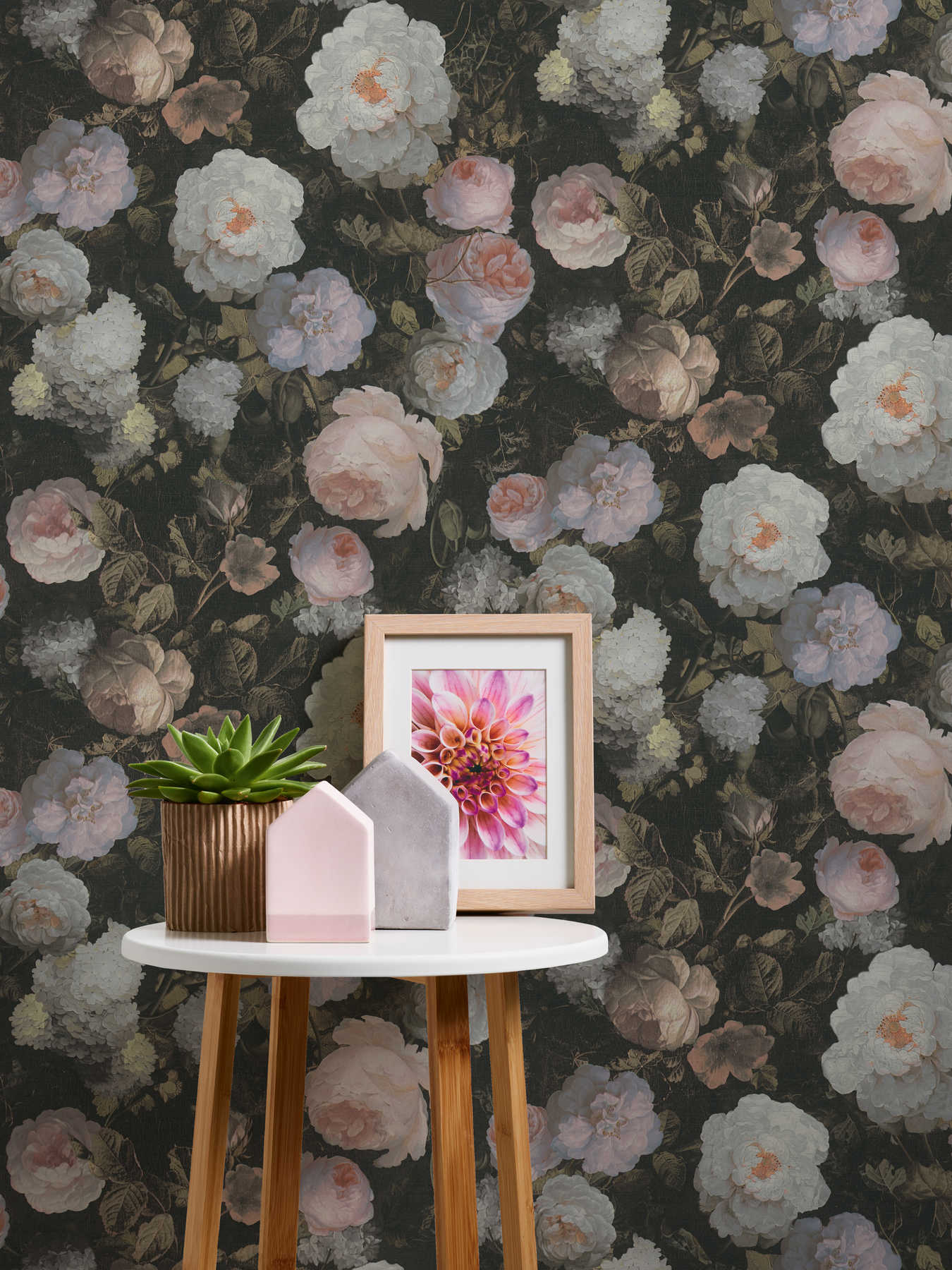 Hipoalergēnas tapetes, krūmu rozes vintāžā stilā, zaļa, rozā 376505 Tapetenshop.lv