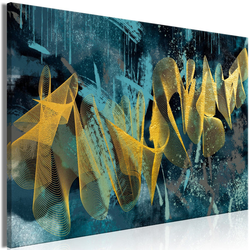 Kanva ar abstrakciju zilā un zeltā krāsā - Zelta viļņi (1 daļa), Plata G-ART.