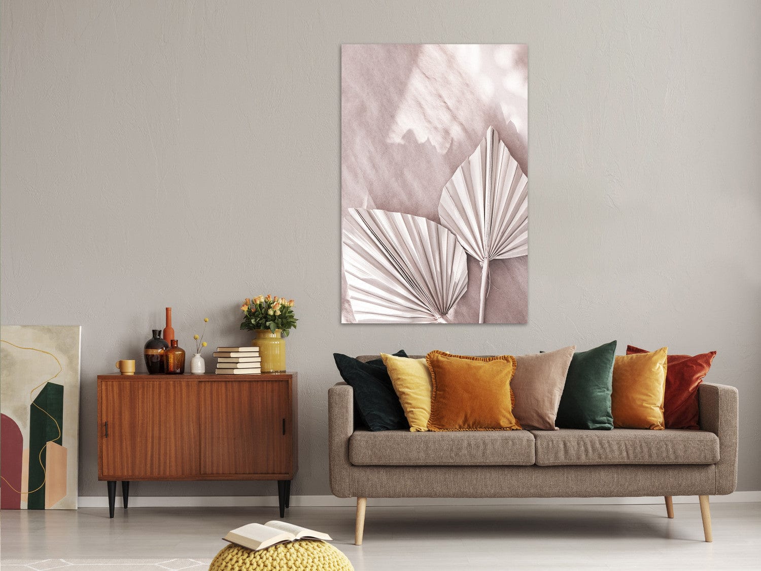 Glezna ar palmu lapam pasteļtoņos, Scandi Boho stilā (1 daļa), 136515  G-ART.