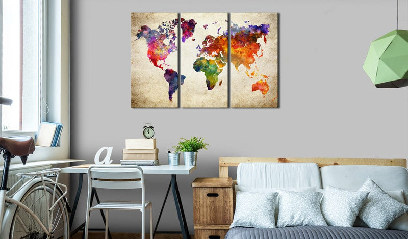 Kanva Pasaules karte akvarelī (3 daļas, horizontāla) G-ART.