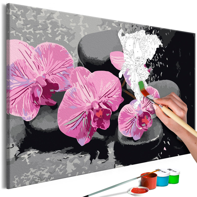 Kanva uz audekla "izkrāso pēc cipariem" - Orhideja ar zen akmeņiem (otrais variants) 60x40 cm Artgeist
