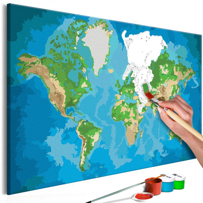 Kanva uz audekla "izkrāso pēc cipariem" - Pasaules karte (zila un zaļa) 60x40 cm Artgeist