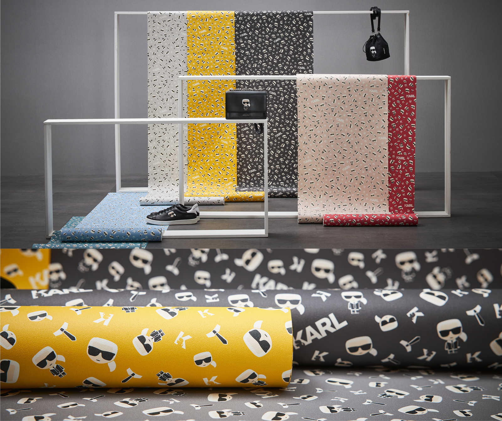 Karl LAGERFELD tapetes, komiksu dizains – pelēkā krāsā 378432 AS Creation