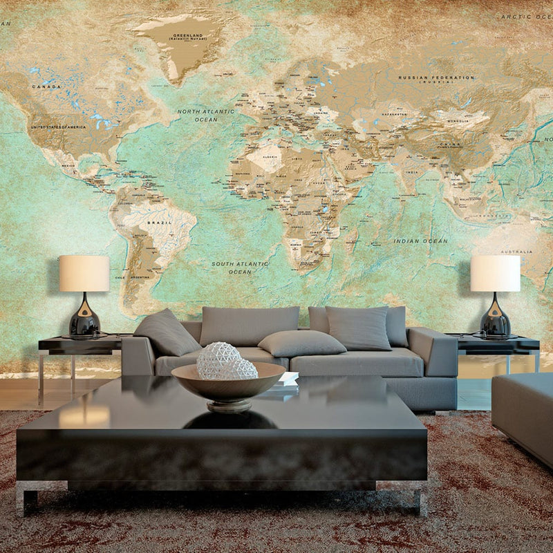 Lielformāta fototapetes - Tirkīza pasaules karte II (500x280 cm) G-ART