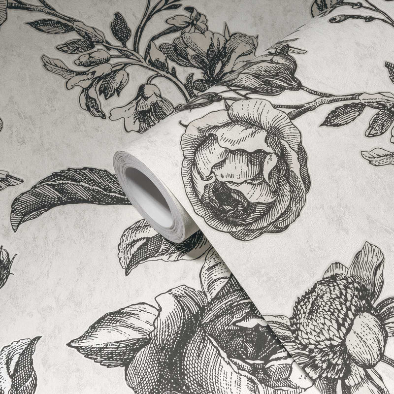 Melnbaltas tapetes ar vintāžas rozēm, 1363672 AS Creation