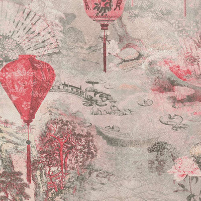 Rozā tapetes ar austrumu ainavu un Ķīniešu laternam rozā krāsā Tapetenshop.lv