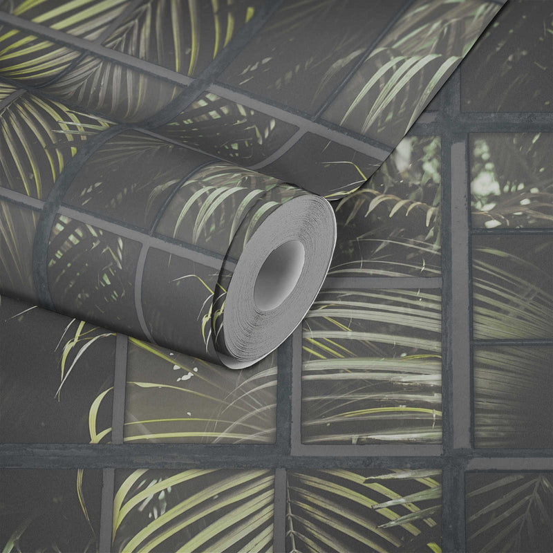 Tapetes ar 3D efektu: logs – skats uz tropiskām lapām, zaļā, 1341073 AS Creation