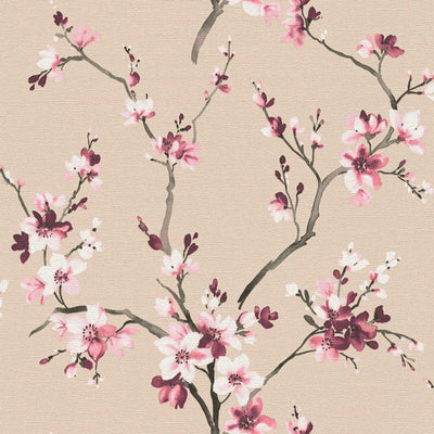 Tapetes ar akvareļu ziediem un zariņiem  rozā toņos, 385203 AS Creation