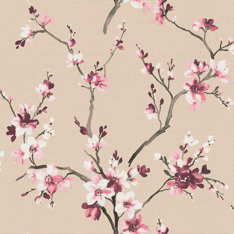 Tapetes ar akvareļu ziediem un zariņiem  rozā toņos, 385203 AS Creation