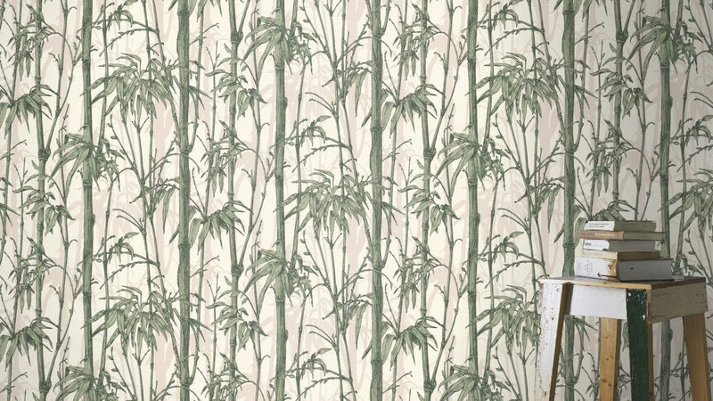 Tapetes ar bambusu zaļā krāsā uz gaiša pamata, 1662757 RASCH