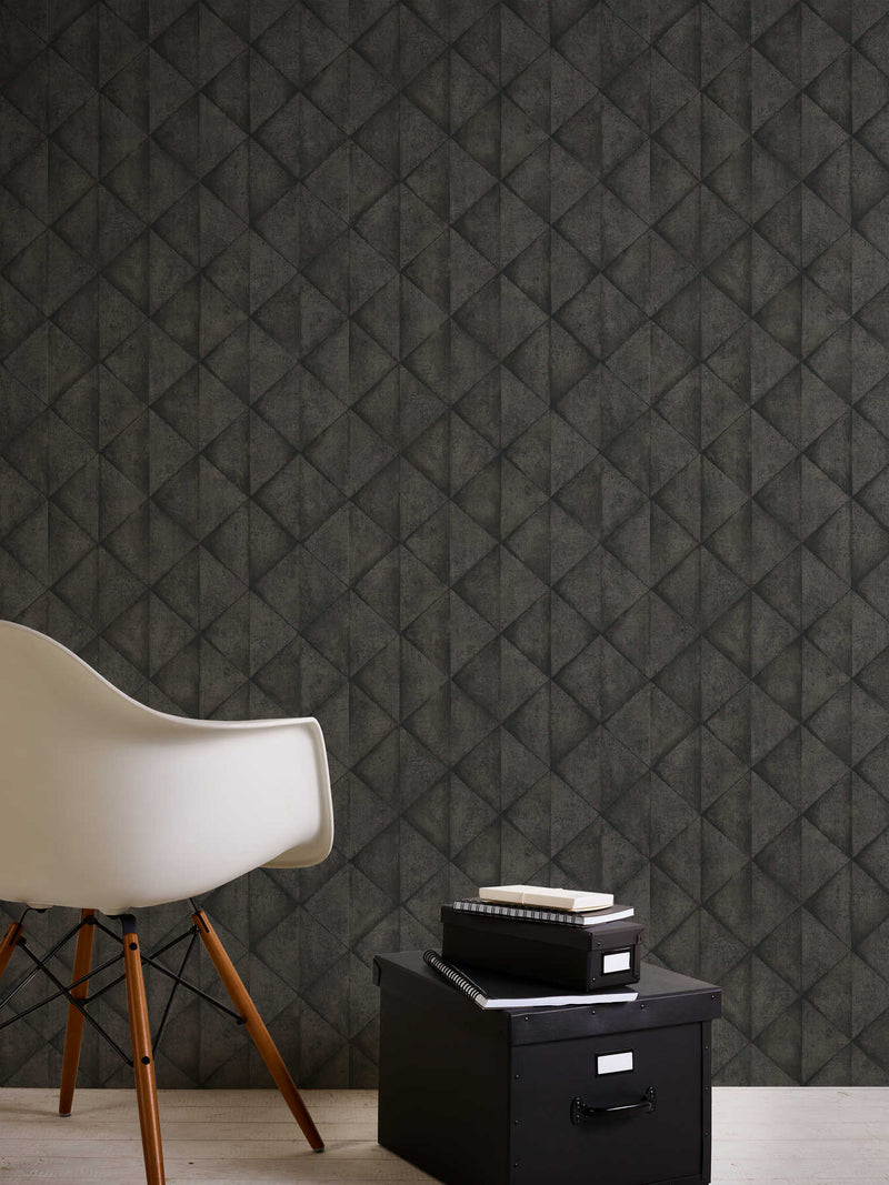 Wallpaper with concrete slabs and 3D effect in anthracite color, 377425 AS Creation