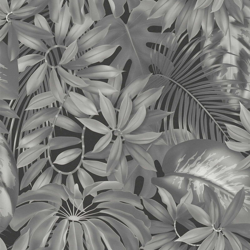 Tapetes ar džungļiem un tropiskam lapām, pelēkā krāsā, 1364203 AS Creation