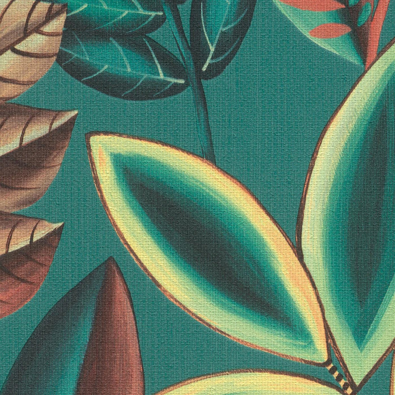 Tapetes ar eksotiskām lapām tumši zaļā krāsā uz tekstilā faktūras, 1664253 RASCH